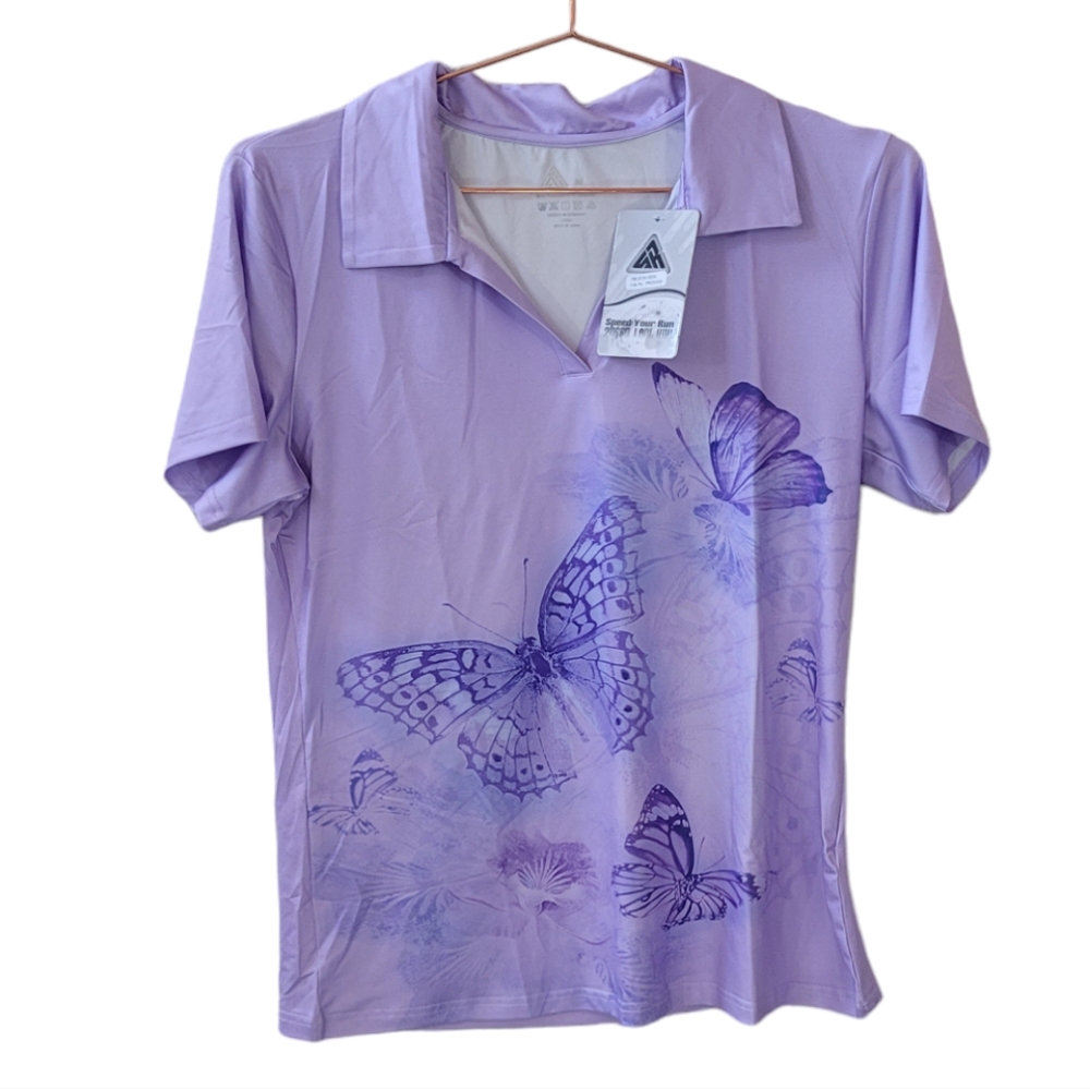 Speed Your Run Purple Butterfly Short Sleeve Polo Shirt Size M